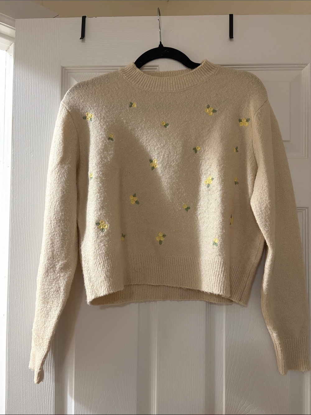 Elodie Cream Crewneck Sweater with Yellow Floral Embroidery